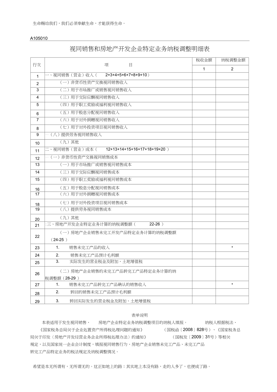 A105010《視同銷售和房地產(chǎn)開發(fā)企業(yè)特定業(yè)務(wù)納稅調(diào)整明細(xì)表》